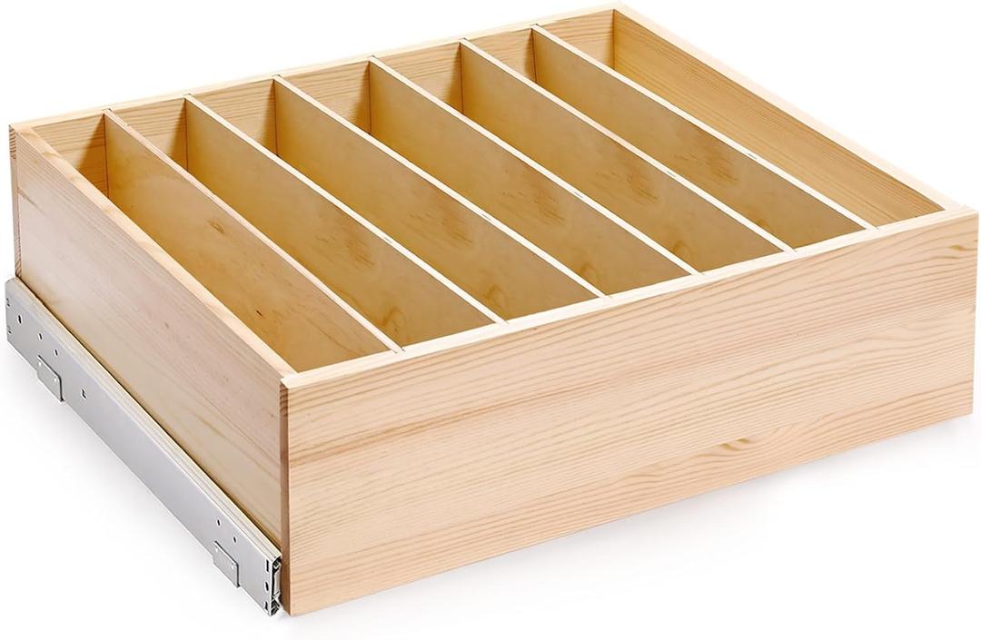 Pull Out Cabinet Organizer with Divider, 28''W21''D7''H Soft Close Wood Drawer for Kitchen Pantry, Finished, Heavy-Duty, Bottom Assembly (Wood Drawer Part Width is 27'') Pull Out Cabinet Organizer with Divider, 28''W21''D7''H Soft Close Wood Drawer for Kitchen Pantry, Finished, Heavy-Duty, Bottom Assembly (Wood Drawer Part Width is 27'')
