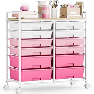 Rolling Storage Cart with 12 Drawers, Wooden Tabletop Utility Cart for Craft Storage, Art Supply Storage & Home Office Organization, Teacher Cart with Wheels for Classroom Organization, School (Pink)