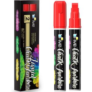TFIVE Red Liquid Chalk Markers - 2 Pack Jumbo Chalk Pens with 10mm 3 in 1 Nib Wide Tips, Dry & Wet Erase Marker Pens for Glass, Chalkboard, BlackBoard, Windows, Calendar, Pumpkin, Mirror