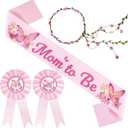 Butterfly Theme Mom to Be Sash Baby Shower Dad to Be Pin and Pink Flower Crown Headband for Gender Reveals Party Baby Shower Party Favors Decorations for Girls Pregnancy Photo Props Keepsake Gifts
