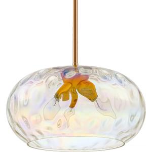 Large Glass Pendant Lighting, Hammered Lampshade Chandelier with Height Adjustable Hanging Rods, Brass Gold Chandelier for Dining Living Room Kitchen Island (Stained, 14 Inch)