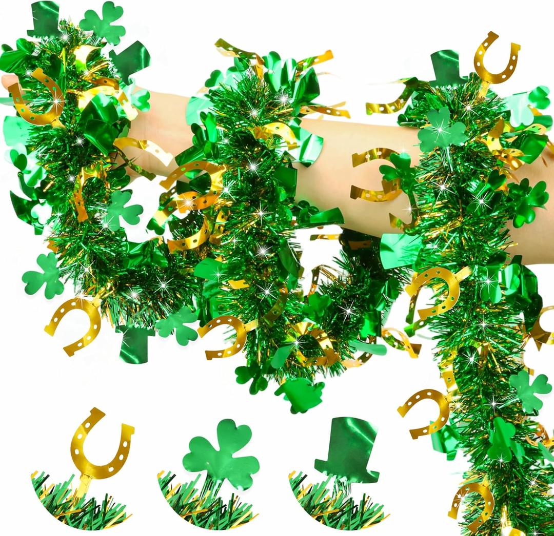 50FT St Patricks Day Garland Green Gold Hat Horseshoe Shamrock Tinsel Garland, Shiny Metallic Hanging Shamrock Decor Saint Patrick's Day Decorations for Home Office Indoor Outdoor Irish Party Supplies