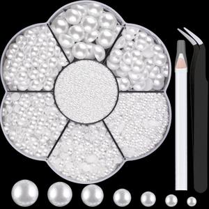 Nail Art Flat Back Half Round Pearl Kits 3, Mixed Sizes 6000 Pcs White Small Pearls for Nails with Picking Tools for Graduation Cap Decorations Home DIY Body Face Craft Salon Use