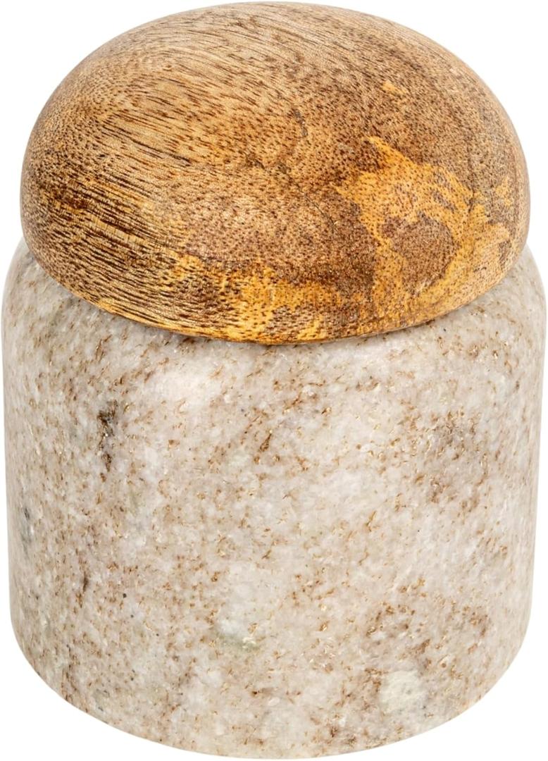 Creative Co-Op Modern Marble Canister with Wood Lid, Natural (3" Round x 3-1/4"H, Beige)