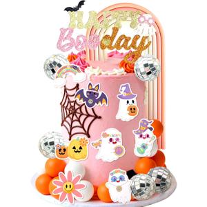 JeVenis Groovy Hippie Halloween Birthday Decorations Happy Boo Day Spooky Cake Toppers Halloween Party Decor Boho Ghost Bday Decor for Girls' Birthday