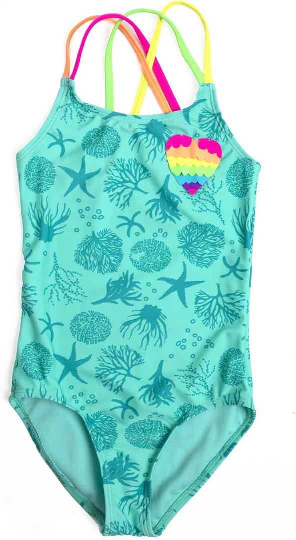 Jimmy Bahamas Girls 1 Piece Sport Swimsuits with Cross Back Strap Colorful Fish Scales Print and Two Cute Bow Decorations (Green)