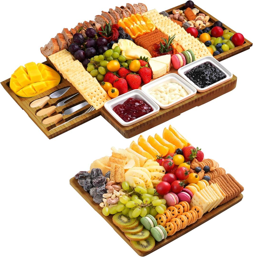 Charcuterie Board with Knife Set, Double-Drawer Cheese Platter, Extra-Large Square Cheese Tray, House Warming Gifts New Home, Carbonized Bamboo