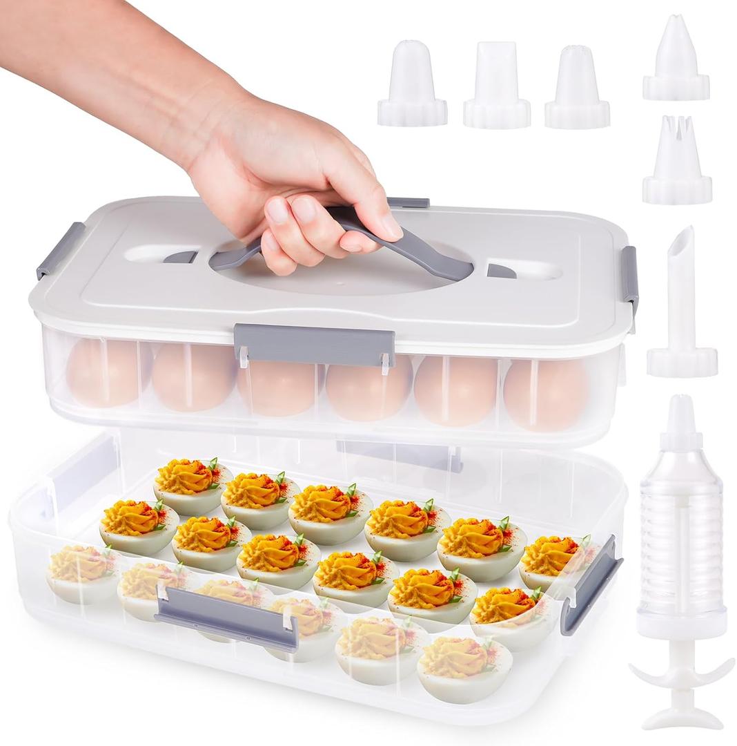 2-Layer Deviled Egg Containers with Lid, 36 Slots Deviled Egg Tray Carrier with Handle and Deviled Egg Injector Piping Tool, Portable Egg Storage Carrier Tray Platter for Party Picnic Travel (White)