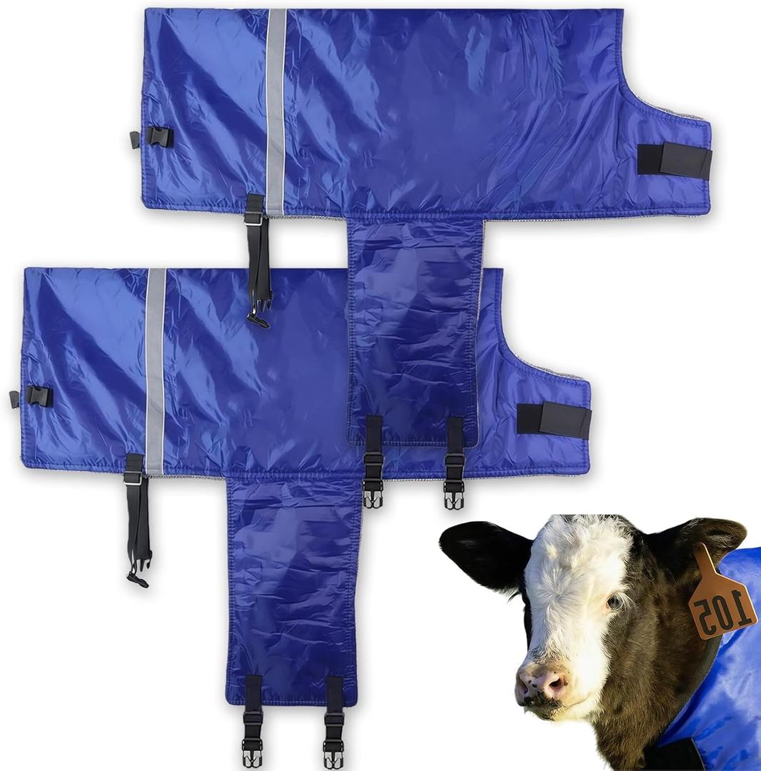 Calf Blanket - Suitable for Calves, Goats, and Sheep, Windproof and Insulated Design, Thickened Belly and Neck Protection, Adjustable Size for Complete Warmth and Comfort - 2 Piece (Blue)