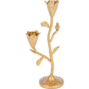 Creative Co-Op Hand-Forged Cast Iron Candelabra with Flowers and Bird, Holds 2 Tapers, Gold (11-3/4"H)