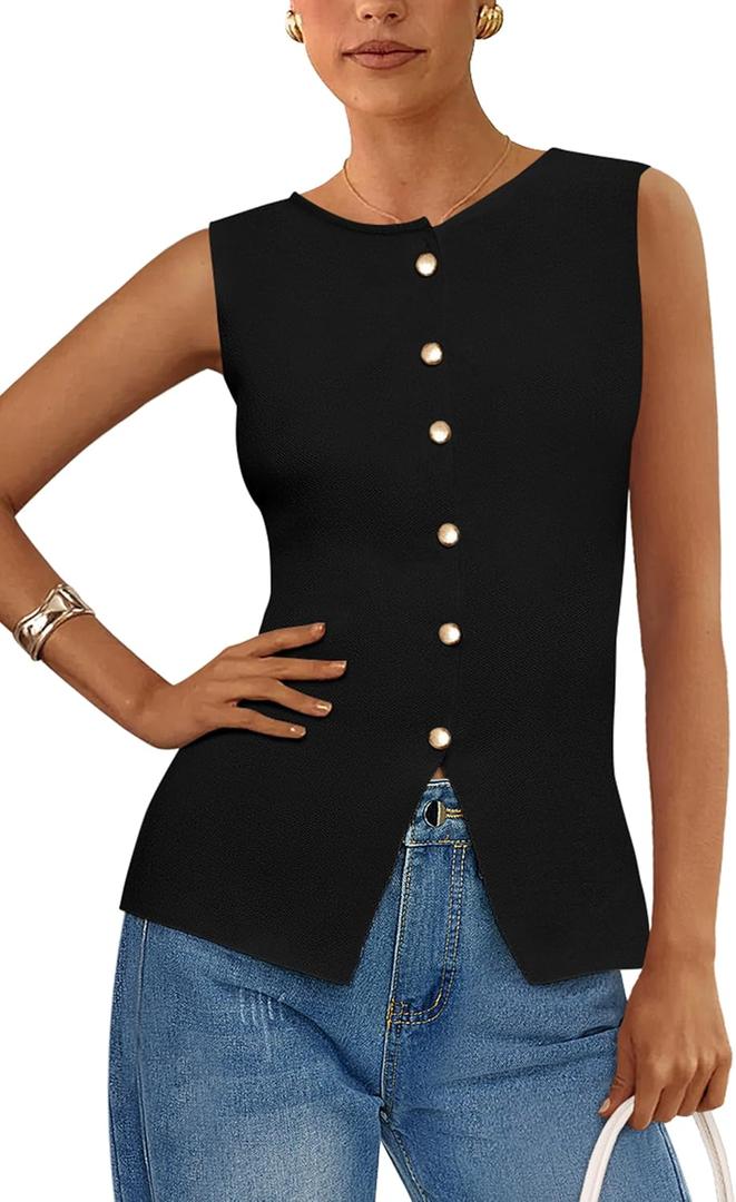 PRETTYGARDEN Women's Sweater Vest Button Down Summer Tank Tops 2025 Sleeveless Knit Vests Fashion Business Casual Outfits (Large, Black)