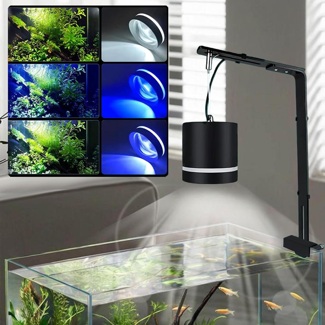 LIYAOLI LED Aquarium Light - Clip On Full Spectrum Fish Tank Light with Adjustable Height for Planted Tanks, Coral Reef, Saltwater/Freshwater, 3 Color Modes - White/Blue/Combo (Black)