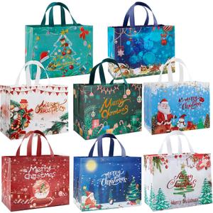 YANGTE 8 Pack Christmas Gift Bags with Handles, Large Non-Woven Tote Bags for Wrapping Xmas Party Favors, 12.8"x9.8"x6.7
