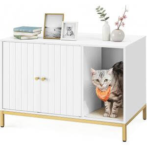 Feandrea Litter Box Enclosure, Modern Cat Litter Box Furniture Hidden, with Scratching Mat, Tall Legs, Cat House, Side End Table, 31.5 x 19.7 x 21.7 Inches, White and Gold UPCL007W01