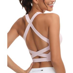 Romansong Strappy Yoga Sports Bras for Women Padded Criss-Cross Back Tank Tops (Large, Light Pink)