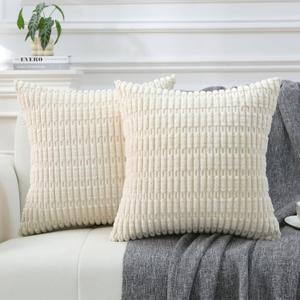 2 Pack Corduroy Decorative Throw Pillow with Inserts, 18x18 Inch Soft Boho Throw Pillow, Square Striped Throw Pillows for Couch, Bed, Sofa Decor (White)