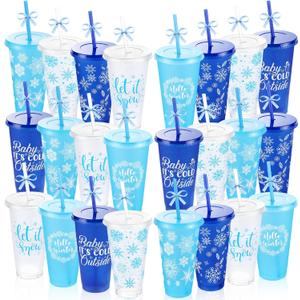 Yoiemivy 24 Pack Winter Plastic Cups Bulk 24 oz Reusable Snowflake Tumbler with Lids and Straws Holiday Party Christmas Drinking Cups for Holiday Party Favors Supplies