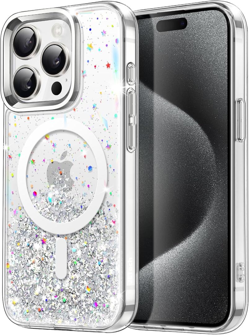 JETech Glitter Case for iPhone 15 Pro Max 6.7-Inch Compatible with MagSafe, Clear Cute Bling Sparkle for Women and Girls, Shiny Shockproof Magnetic Sparkly Phone Cover (Clear)