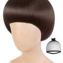 ANOGOL Hair Cap + Short Dark Brown Bowl Cut Wig Brown Mushroom Wigs with Bangs for Men Women Disco Funny 60s Wigs for Movie Halloween Cosplay Costume Party