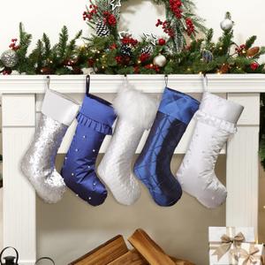 LimBridge Christmas Stockings 5 Pack, 18 Inches White and Blue Xmas Stockings wiht Glitter Silver Snowflake Star Print and Plush Cuff, Classic Christmas Stocking Decorations for Family Holiday Party