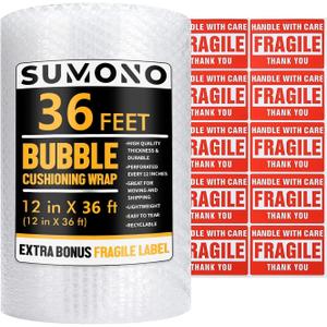 Bubble Cushioning Wrap Roll, Sumono 12 Inch x 36 Feet Total Bubble Roll Perforated 12 Inch Included 10 Fragile Sticker Label