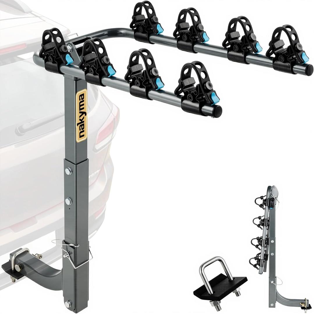Upgraded Hitch Bike Rack for 4 Bikes, 240LBS Max Load Hanging Bike Carrier for Car, SUV, Truck & RV with 2 Receiver, High-Strength Double Arms