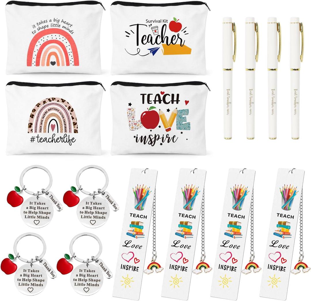 UAREHIBY 16 PCS Teacher Gifts in Bulk, Thank You Teachers Gifts With Makeup Bags, Teacher's Appreciation Week Keychain, Bookmark Gift for Teachers, Best Teacher Ever Pen Gift, Christmas Idea