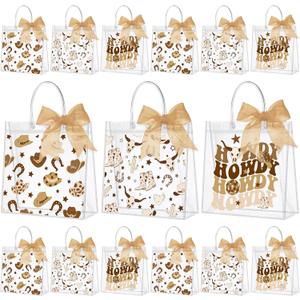 SilTriangle 30 Pcs Western Cowboy Clear Gift Bags Reusable Party Favor Goodie Treat Snack Bag Bulk with Handles Ribbon PVC Howdy Cowboy Boot Party Supplies for Birthday Bachelorette Baby Shower