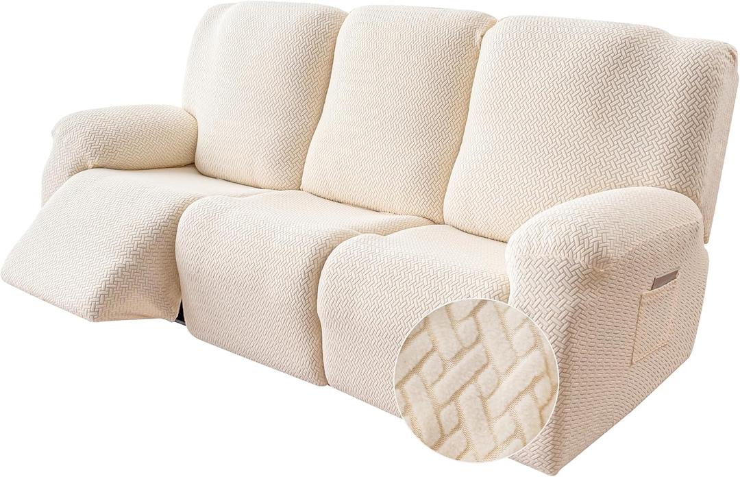 Genina Recliner Sofa Cover Stretch Couch Covers, Sofa Slipcover for Reclining Couch Thick Jacquard Furniture Protector Washable (Beige, 3 Seat)