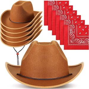 Unittype 12 Pcs Kids Cowboy Hat Set Western Cowgirl Hat and Polyester Bandanas for Boys Girls Cosplay Costume Party Favors(Brown, Red,Classic)