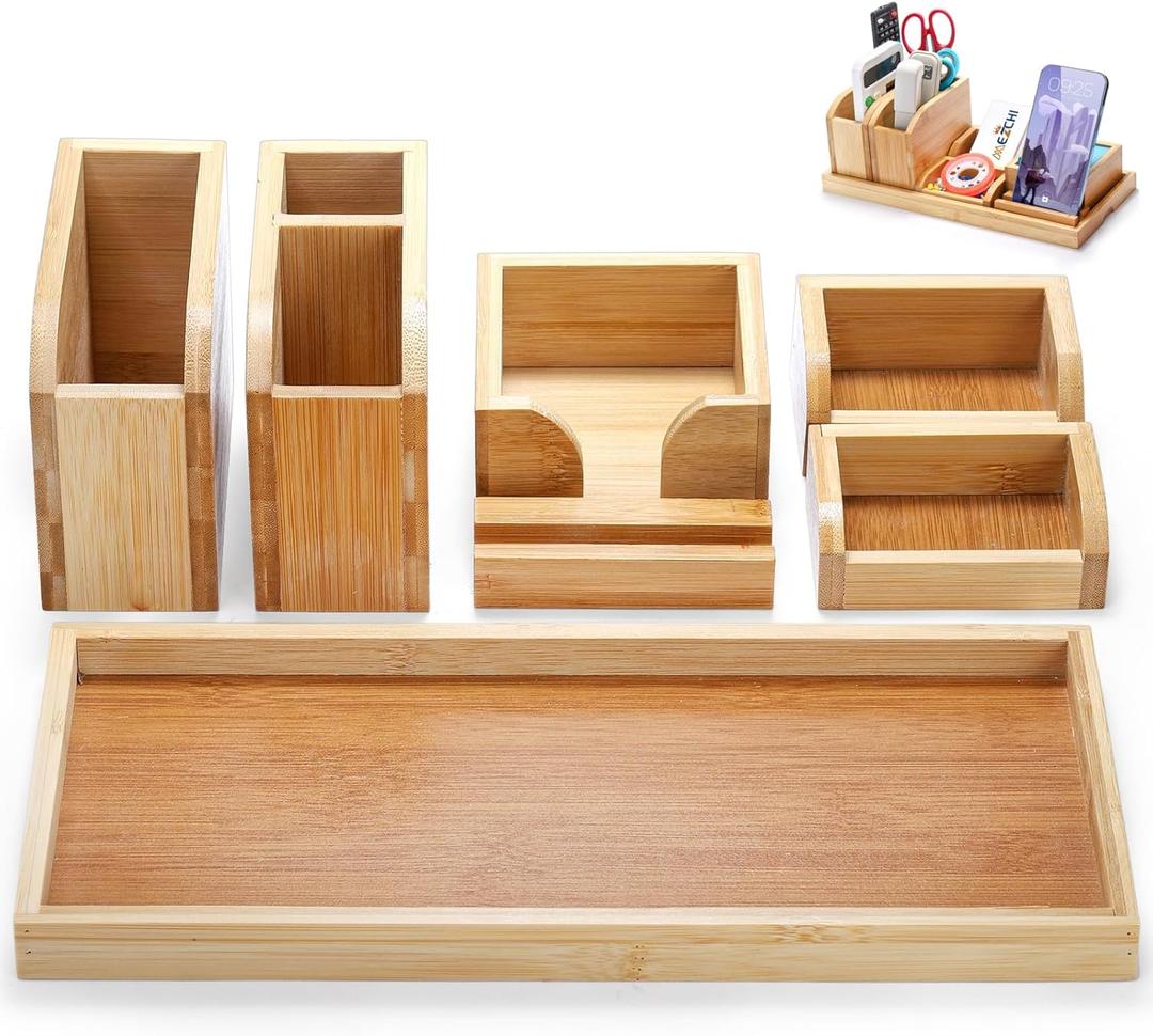 Bamboo Desk Vanity Tray, 7 Pieces Adjustable Pen Holder Stationery Caddy, Bathroom Vanity Organizer Set, Sturdy Countertop Tray Storage Boxes Office Supplies for Makeup Small Items Home Kitchen