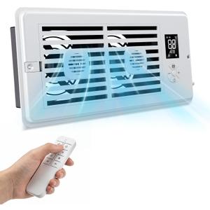 Register Booster Fan, 4 x 10 Inch Quiet Vent Fan with Remote Control, 10 Speed & 3 Modes Thermostat Controlled Vent Booster, Built-In Display, Removable Front Cover for Floor Wall HVAC Vents, White