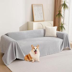 MYSKY HOME Light Gery Chenille Sofa Cover for Dogs Cats Tassel Edge Couch Cover Furniture Protectors for Pets Universal Couch Cover Thick Durable Sectional Couch Covers for 3 Cushion Couch, 71"x 134"