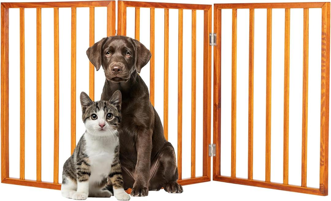 Pet Gate - 3-Panel Indoor Foldable Dog Fence for Stairs or Doorways - 54x24-Inch Retractable Wood Freestanding Dog Gates by PETMAKER (Mahogany)