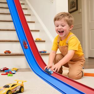 Flex Tracks 15 Ft Starter Set, Flexible Race Track for Kids 3+ with Strong Suction Cups, Flexible Car Track Race Car Ramp Track Compatible with 1/64 Diecast Cars, Portable Rolls Up Race Tracks (Blue Red)