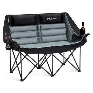 Oversized Camping Chair, Double Folding Loveseat Camping Couch with Pocket, Cup Holder and Carry Bag, Heavy Duty Portable Camping Chairs for Adults, Fishing, Sports, Trip, up to 660lbs, Black