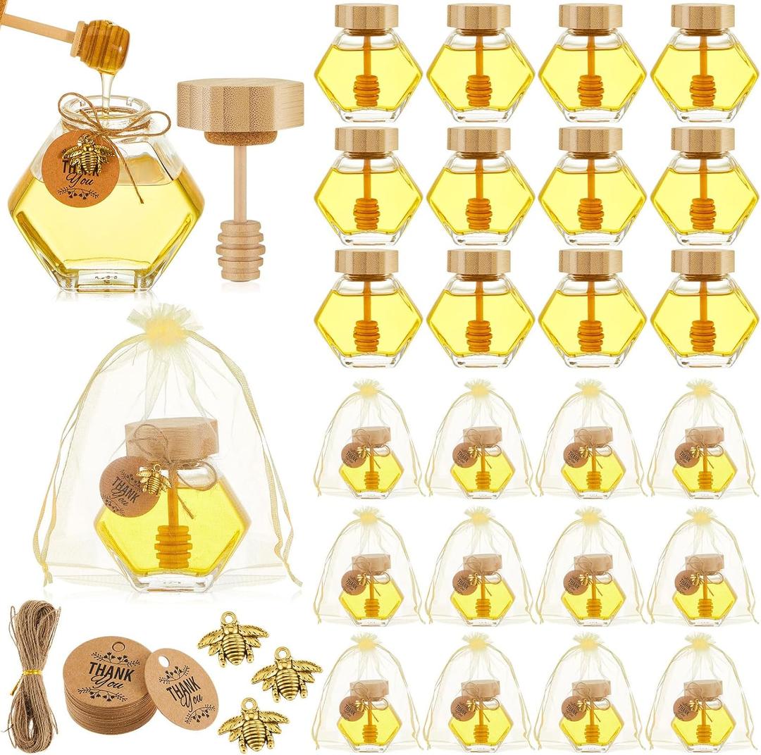 Pickmesh 24 Pcs Hexagonal Glass Honey Jars with Spoon, 3.38 oz Honey Dispenser with Wooden Spoon Bee Charm Thank You Card Organza Bag Mini glass Jars for Baby Shower Wedding Party Favor Decorations