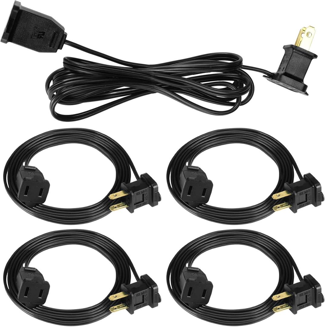Kanayu 5 Pack 12 ft Black Indoor Extension Cord 2 Prong Electric Cord Extender, Wire Plug in and End, Ac 120 Volts, for Outdoor Christmas Connect or Extend String Lights