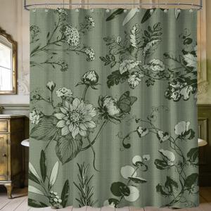 Sage Green Vintage Botanical Shower Curtain Green Shower Curtains for Bathroom Decor Sets, Floral Pattern, Waterproof Polyester Fabric with Hooks, 70x72 in