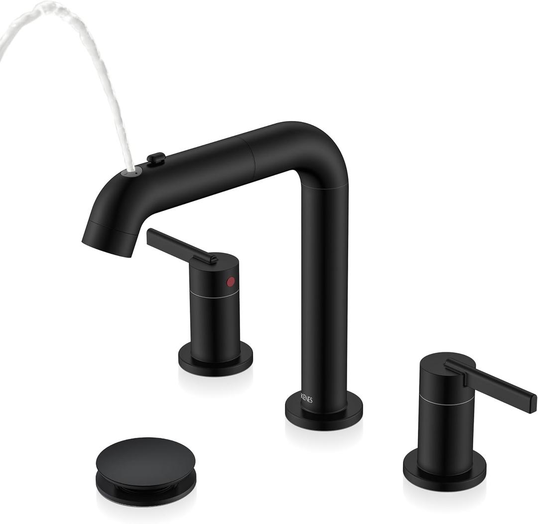 Matte Black Pull Out Bathroom Faucet, 8 Inch 2 Handle Widespread Bathroom Faucet 3 Hole with Pull Down Sprayer, Bathroom Sink Faucet with Pop Up Drain & Supply Lines LJ-9058A-2