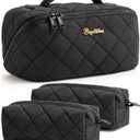 Travel Makeup Bag, 3 Pcs Large Capacity Puffy Toiletry Bag for Women, Open Flat Quilted Make up Cosmetic Organizer w/Handle & Clear Divider Water-resistant Portable Pouch Travel Essentials, M-Black