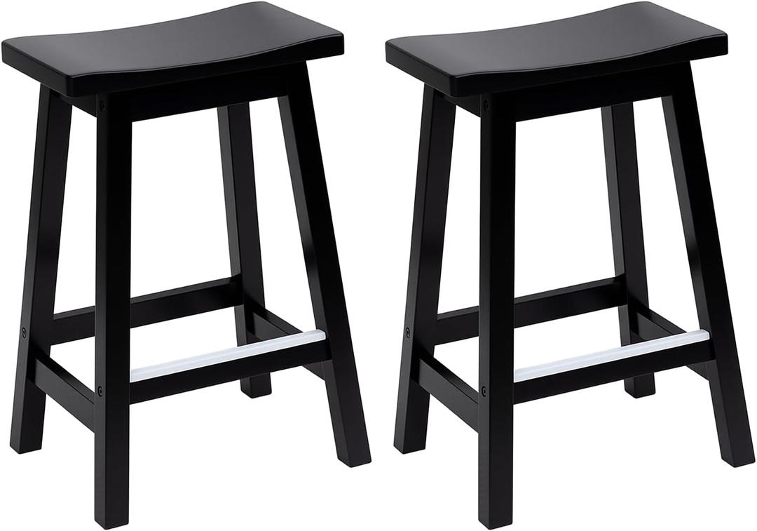 PayLessHere Bar Stools Set of 2, Wooden Saddle Stools 24 Inch Heigh, Bar Chairs Seat with Footrests and Industrial, Kitchen Counter Stools for Restaurant, Bistro Bar and Home Dining (Black)