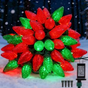 C9 LED Christmas Lights Outdoor,33 Feet 50 LED 8 Lighting Modes Waterproof Connectable Christmas String Lights for Outside Roofline Patio Home Xmas Decorations (Red & Green)
