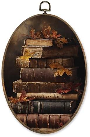 LKETW Dark Academia Fall Book Oval Wall Art Decor, Vintage Moody Bookish Oval Canvas Hanging Decor, Rustic Fall Autumn Decorations for Library Reading Nook Corner Room Gallery, 8.6x11.4 Inch Cat