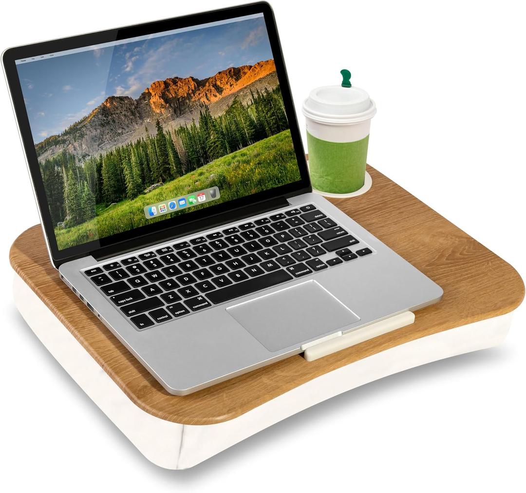 LAPGEAR Cup Holder Lap Desk with Device Ledge - White Oak Woodgrain - Fits up to 14 Inch Laptops - Style No. 46329