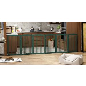 PUPETPO Freestanding Pet Gate for Dogs, Foldable Wooden Dog Gate for House, Extra Wide Indoor Pet Barrier for Stair, Doorway, Hall, Support Feet Included, 120 Inch Wide, 6 Panels 24",Green