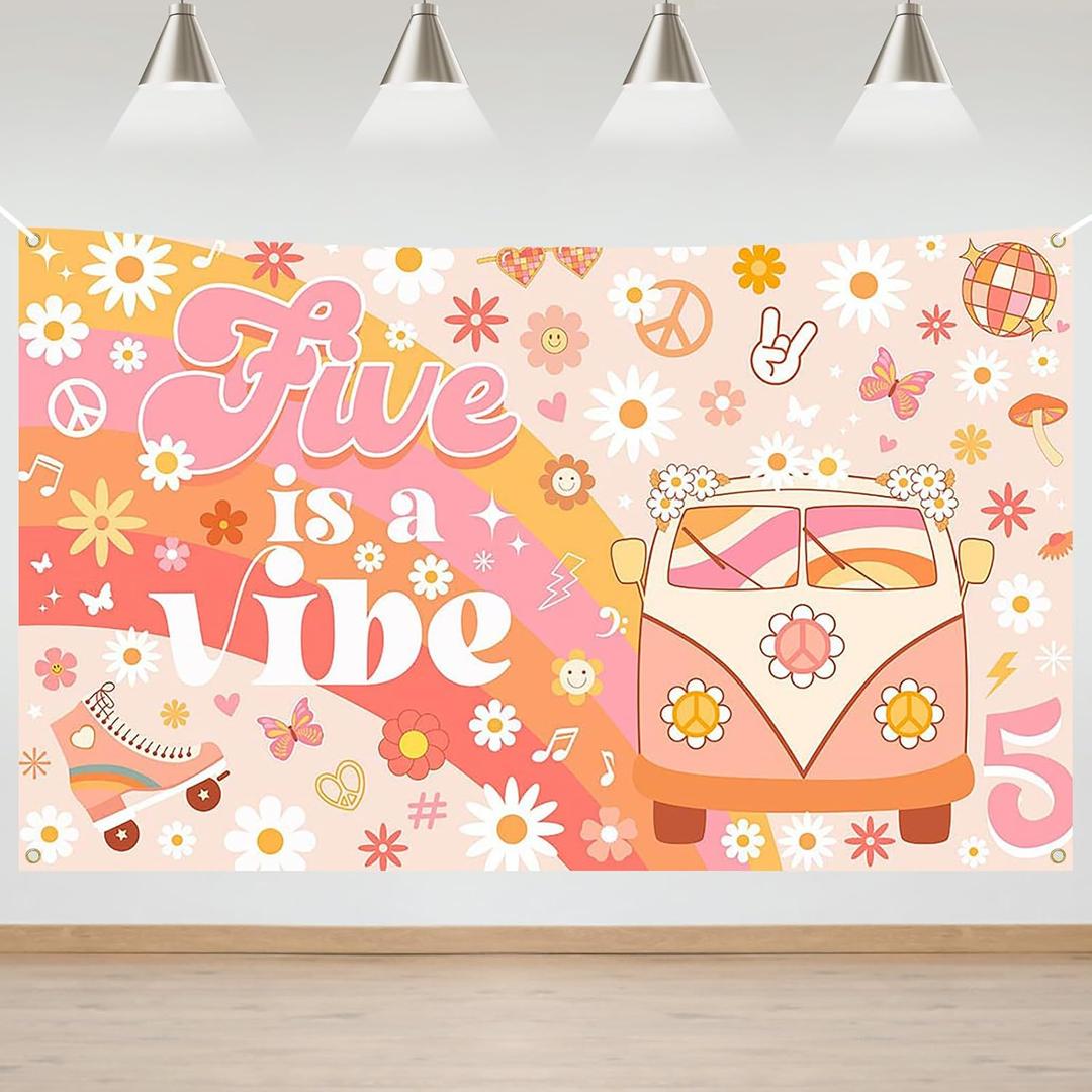 Mocsicka Groovy 5th Birthday Backdrop Banner Five is a Vibe Birthday Background Retro Hippie Boho Girl 5th Birthday Party Decorations Photo Booth Prop