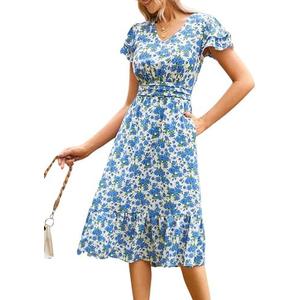 JASAMBAC Women's Casual Summer Midi Dress Ruffle Sleeve V Neck Smocked Tiered Ruffle Plus Size Dresses with Pockets, XXL