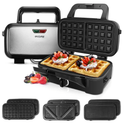 3-in-1 Belgian Waffle Maker 1200W, Breakfast Sandwich Maker & Waffle Iron with Removable Nonstick Plates, 5-Gear Temperature Control, Cool Touch Handle, Easy to Clean for Family Breakfast