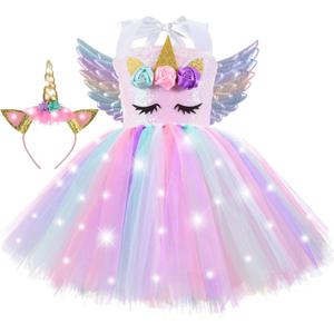 ZeroStage Sequin LED Light Unicorn Costume for Girl Birthday Decorations Halloween Christmas Party Outfit Princess Tutu Dress (3-4T, Pink With Wings)